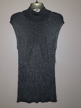 Valette Metallic Silver Black Ribbed Mock Neck Cap Sleeve Sweater Top NWT L